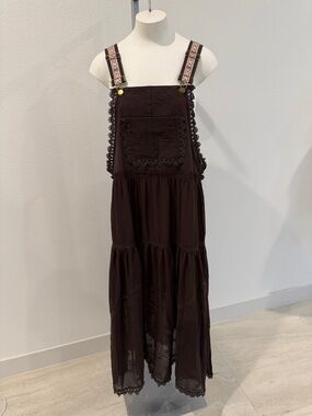 Nwt Loveimgs Chocolate Brown Embroidered Strap Midi Pinafore Dress Sz S